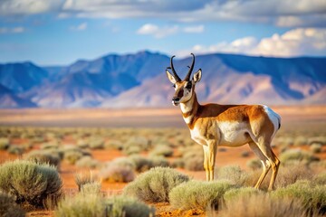 Fototapeta premium Pronghorn antelope grazing in Southeastern Utah desert near Colorado border, low angle view