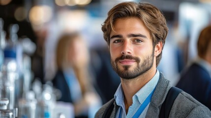 Obraz premium A Young Man with Brown Hair and a Beard Looks Directly at the Camera