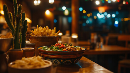 Cozy restaurant with vibrant decor and traditional Mexican dishes for evening dining
