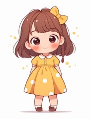 A cute little girl with short brown hair, wearing a yellow polka-dot outfit, displays an angry expression