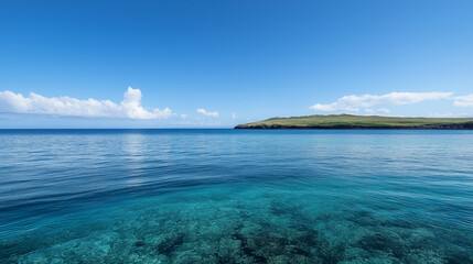 Seascape Near the Island, Showing the Clear, Deep Blue Waters and the Island’s Outline in the Distance, Framed by Calm, Open Sky