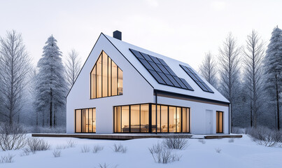 A modern house in the snow, with solar panels on its roof. The home is white and has large windows that glow from within. It stands amidst snowy trees, and there are no other buildings around it