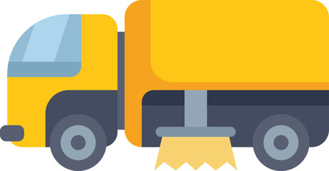 Yellow street sweeper truck cleaning road with rotating brushes, municipal service vehicle