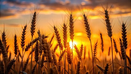 Silhouetted wheat plant heads against sunset , agriculture, crop, farming, harvest, nature, field, grain, golden hour, rural