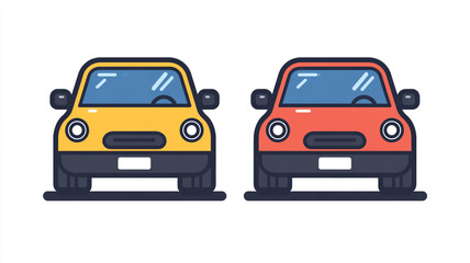 Fototapeta premium Two cartoon cars parked side by side, one yellow and one red, in a simplified design style