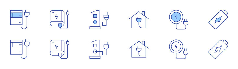 Charging icon set in two styles, Duotone and Thin Line style. Editable stroke. battery, smart home, power bank, wireless charger, charging station
