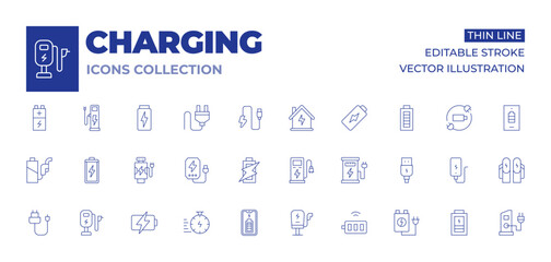 Charging icons collection. Thin Line icons, editable stroke. battery, car, charge, powerbank, stopwatch, battery level, charger, charging station, electric station, full battery