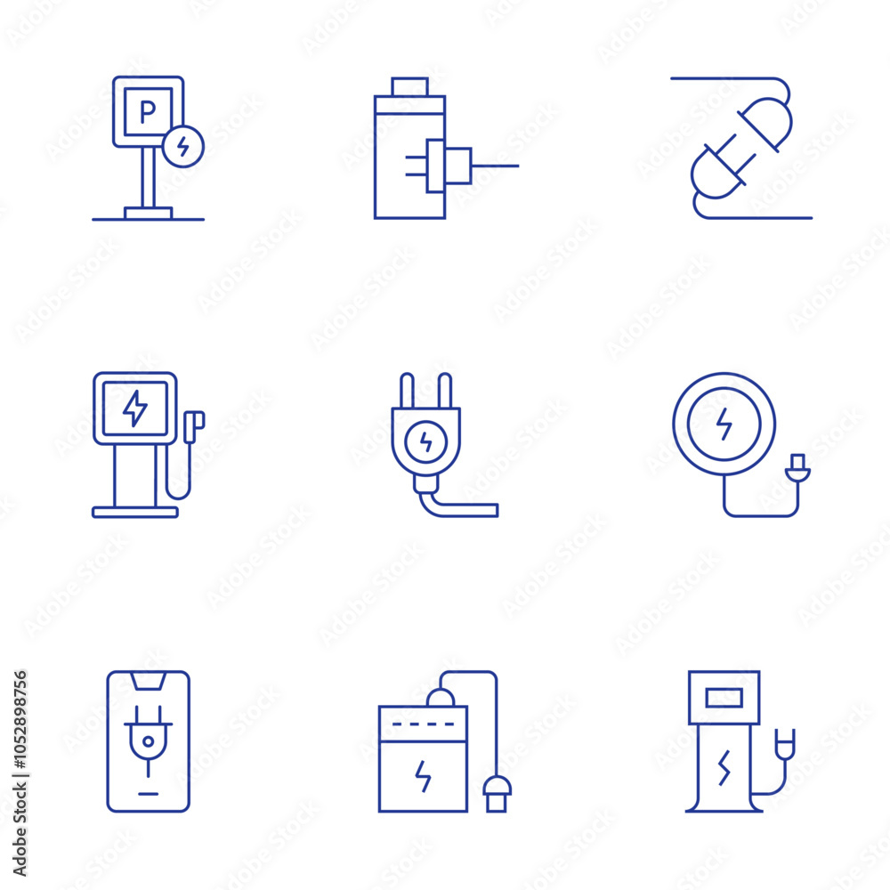 Wall mural charging icons set. thin line style, editable stroke. charging, plug, power bank, charging station, 