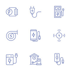 Charging icons set. Thin Line style, editable stroke. charging, plug, power bank, charging station, phone charge, power generation, mobile phone, wireless charging