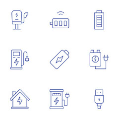 Charging icons set. Thin Line style, editable stroke. battery, charge, power, rechargeable battery, usb, charging station, electric station, smart home