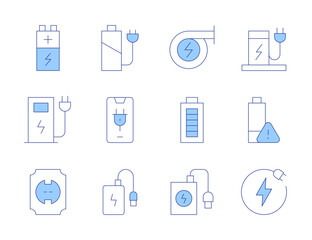 Charging icons. Line Duotone style, editable stroke. power bank, electric station, power generation, power, charging, battery level, socket