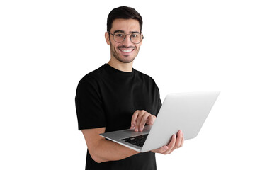 Young man in black t-shirt holding laptop and smiling at camera