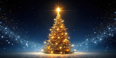 Sparkling Christmas tree shining brightly in the dark night , holiday, festive, celebration, decoration, lights, ornaments