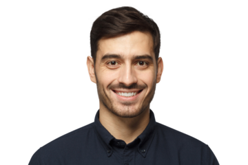Close-up headshot of business man standing, smiling with satisfaction and confidence