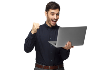Happy excited sucessful business man holding laptop and raising his arm up to celebrate achievement or win