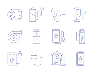 Charging icons. Thin Line style, editable stroke. power bank, battery level, charger, charging station, electric charge, full battery, power generation, mobile phone