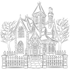 Black and white illustration of a gothic mansion richly decorated with details