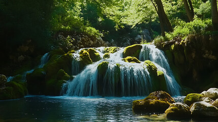 A picturesque waterfall gently cascading over moss-covered rocks in a tranquil forest setting, creating a peaceful atmosphere 