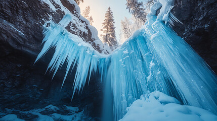 A breathtaking image of a frozen waterfall during winter, with icicles glistening in the sunlight and snow-covered surroundings 
