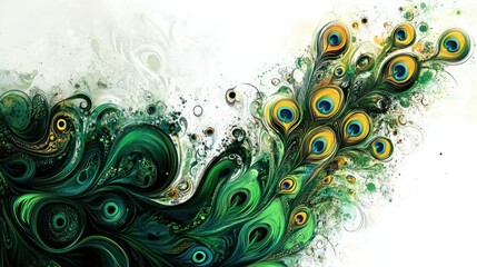 Indian-inspired background with swirling peacock feather patterns and rich green, symbolizing vibrance, isolated on white