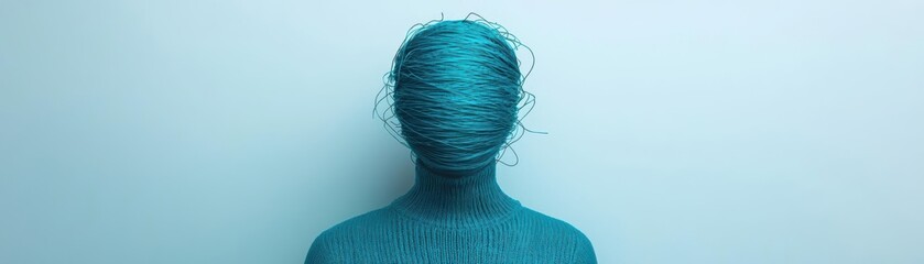 Fototapeta premium Overworked figure tangled in threads, manipulated stress pouring over them, toxic society manipulation stress, stress manipulation concept