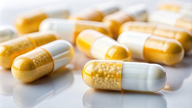 A close-up image of penicillin pills on a white background, antibiotic, medicine, healthcare, pharmacy