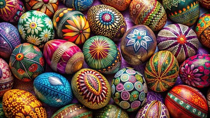 A vibrant collection of decorative eggs with intricate patterns and a variety of colors, colorful, assortment, decorative