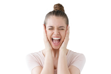 Desperate woman screaming in distress, hands on her face, with a powerful emotional charge