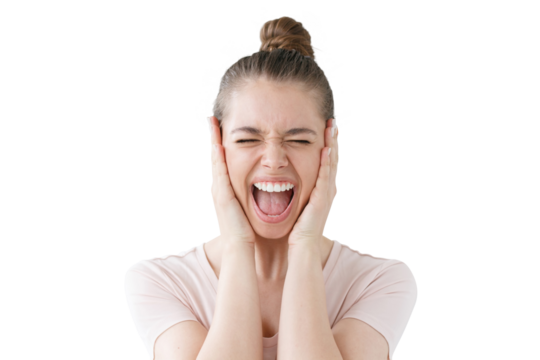 Desperate woman screaming in distress, hands on her face, with a powerful emotional charge