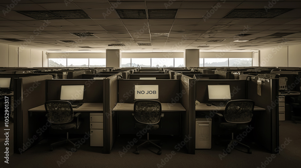 Wall mural empty office cubicles with a sign stating 'no job', dimly lit environment.