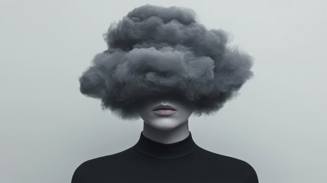 Figure beneath a dark cloud of societal stress, radiating tension and exhaustion, toxic society  stress, mental strain representation