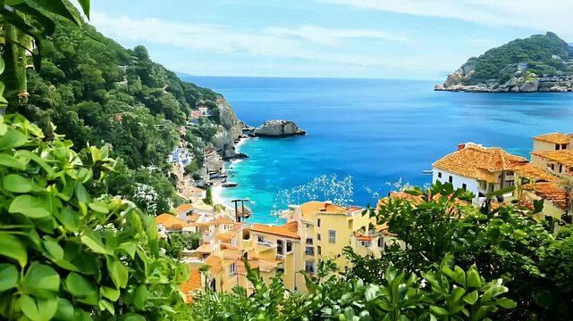 picturesque view colorful houses dotting coastline Tyrrhenian Sea framed lush green flora Positano aly beautifully captured UHD 4K resolution amalfi coast campania beautiful nature blue beach