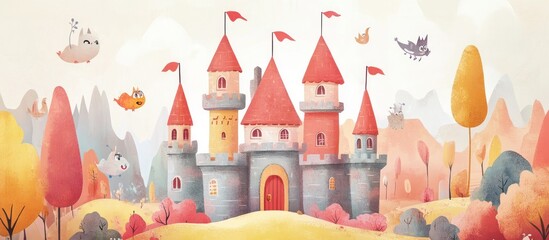 A charming fairytale castle with red roofs and flying creatures in a dreamy landscape.