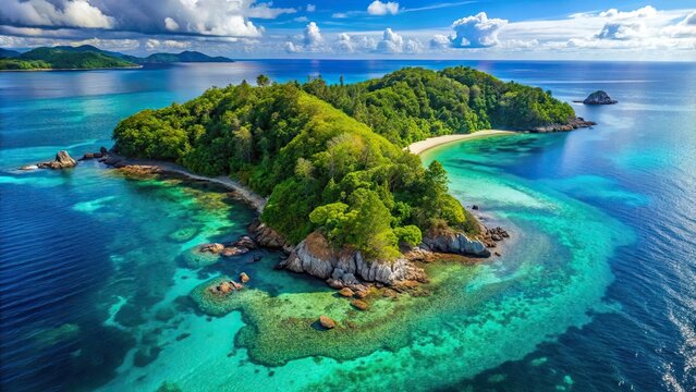 Aerial view of a beautiful island with turquoise ocean, rocky shores, and lush forests , Drone, Tropical, Island