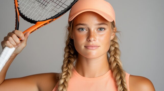 A young female tennis player poses with her racket, showcasing determination and dedication, styled in modern sportswear with braids and a visor.