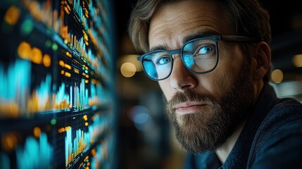 Bearded Man Wearing Glasses Looks Intently at a Computer Screen with Data Visualizations