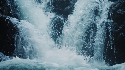 A close-up of water rushing over smooth rocks at the edge of a breathtaking waterfall, creating a foamy spray 
