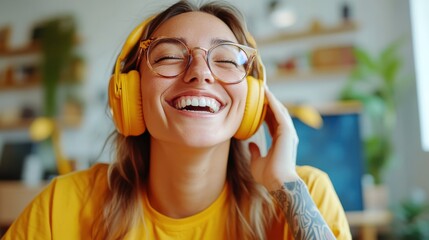 A cheerful woman with glasses and yellow headphones enjoys music, highlighting happiness and vibrancy in a colorful, modern interior setting.