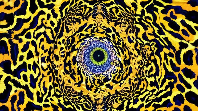 Bright yellow and blue leopard print patterns form a swirling tunnel effect, creating an optical illusion. 