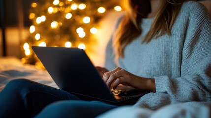 A person works on a laptop nestled in cozy holiday lighting, typing attentively in a serene and warm environment, capturing the essence of home and festivity.