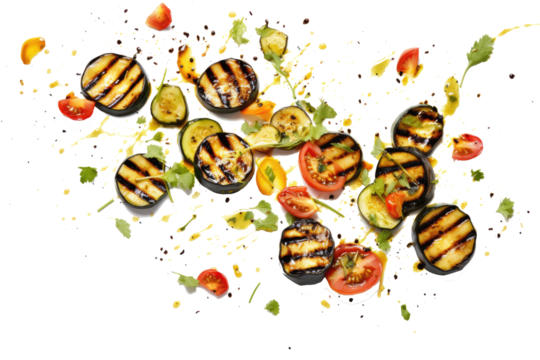 Falling grilled vegetable slices on transparent background