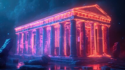 Obraz premium A glowing ancient temple with neon pink and orange light, in a starry night sky.
