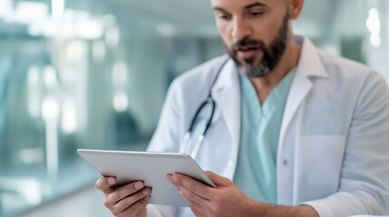 A healthcare worker attentively utilizes a tablet for patient care in a clinical setting, representing the integration of technology and medicine in modern healthcare.
