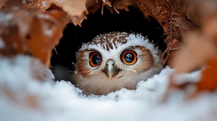 Naklejka premium A small owl with large orange eyes peeks out from its snow-covered nest.