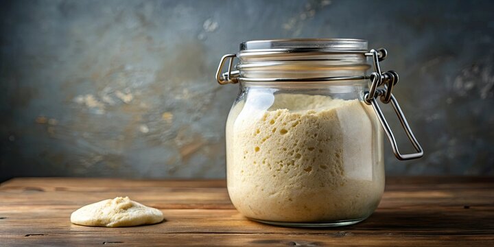 Glass jar filled with bubbling dough leaven for making homemade bread, yeast, leaven, dough, fermentation, bread making