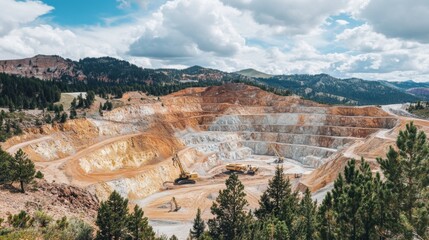Aerial View of Open Pit Mine with Machinery and Landscape