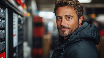 Fototapeta premium Man in Black Jacket Looking Over Shoulder in a Store