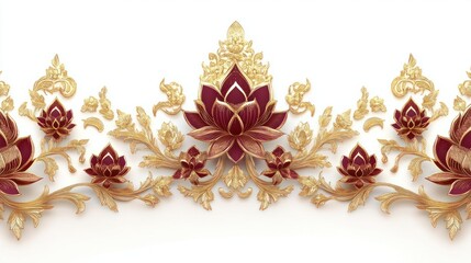 Thai traditional background with gold lotus motifs and burgundy silk texture, inspired by royal heritage, isolated on white