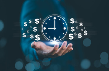 Time is money concept. Businessman holding glowing clock with surrounding dollar signs,...