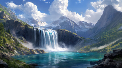 Fototapeta premium A majestic waterfall flowing over a rocky outcrop into a crystal-clear lake, surrounded by mountains and dramatic clouds 